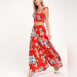 All Abloom Red Orange Floral Print Two-Piece Jumpsuit